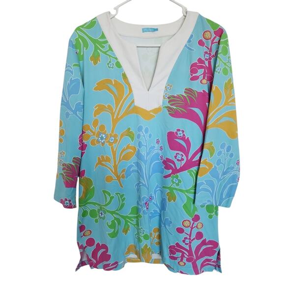 J. McLaughlin Catalina Cloth Tropical Floral Tunic Top L Beach Coastal Vacation - Picture 1 of 7
